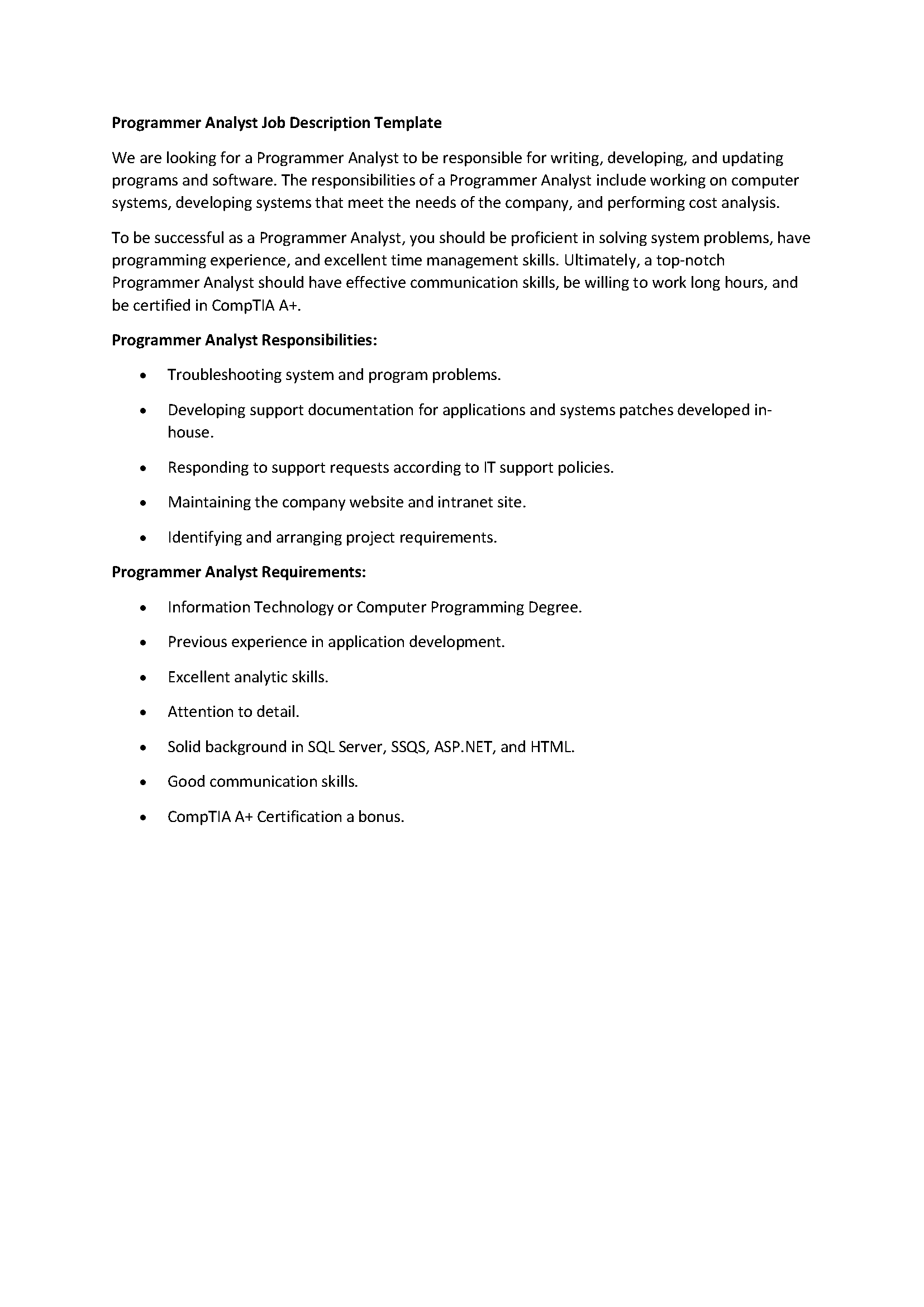 Programmer Analyst Job Description Template